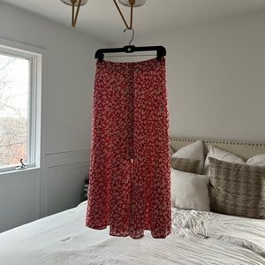 ZARA RED/PINK FLORAL MIDI SLIP SILK SKIRT WITH BUTTONS AND SLIT